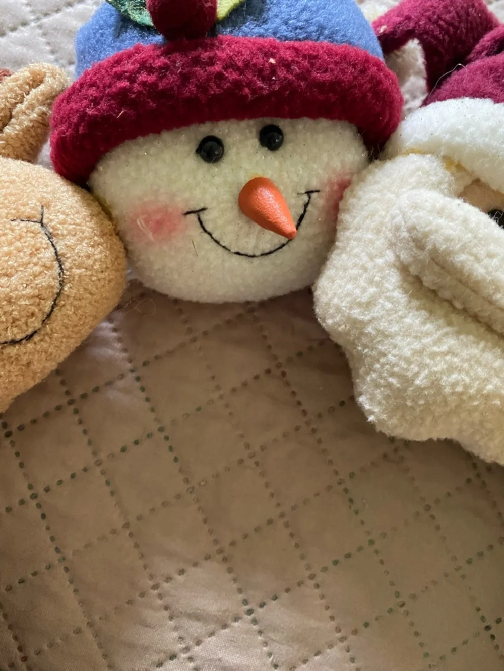 Plush Holiday Wreath with Snowman, Reindeer & Santa Faces - Red & Blue